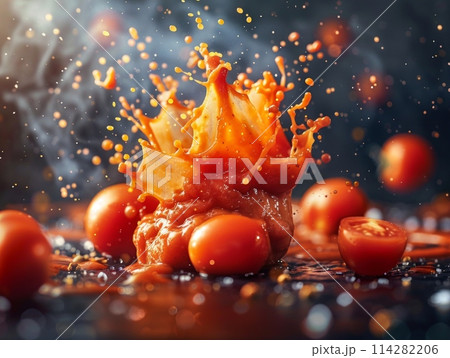 A plethora of ripe, juicy tomatoes arranged on a wooden table, with a vibrant splash of red sauce in the background. 114282206