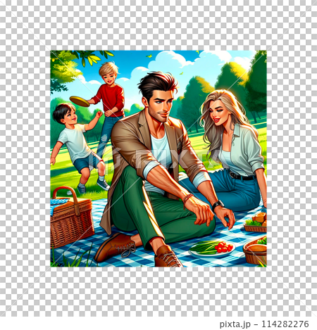 Family enjoying a picnic in the field 114282276