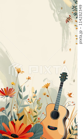 Illustration of an acoustic guitar surrounded by colorful flowers 114282349