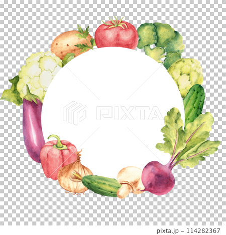 Vegetables watercolor circle round frame, wreath. Botanical vegetable hand drawn watercolor illustration isolated on white background. Can be used for cards, logos and food and advertisement design 114282367