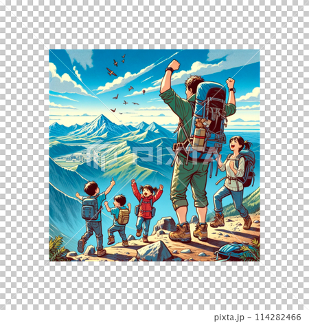 A family savoring the joy of reaching the summit 114282466