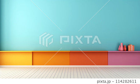 A painted wall in teal color, background with copy space. A minimalist interior with a vibrant, multicolored low cabinet, showcases gradients of yellow to pink and adorned with neatly arranged books 114282611