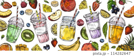 Assorted fruit smoothie cups with fruits vector set Assorted fruit smoothie cups with fruits vector set 114282647