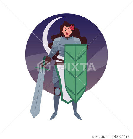 Armored beautiful woman medieval knight with huge sword and shield, vector cartoon ancient warrior with flower in hair Armored beautiful woman medieval knight with huge sword and shield, vector cartoon ancient warrior with flower in hair 114282758