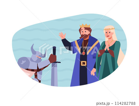 Theatre actors knight in armor with sword on knees in front of king and queen vector flat, medieval kingdom performance 114282788