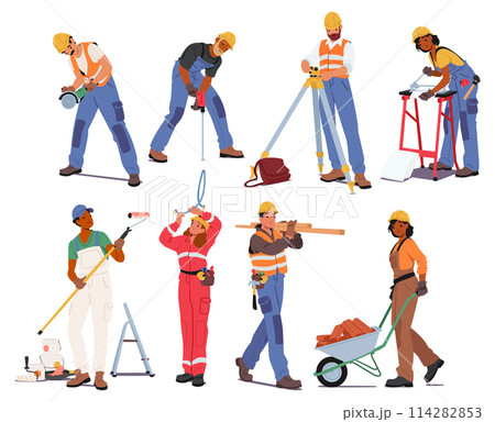 Diverse Team Of Construction Workers In Colorful Uniforms And Hardhats Use Various Tools And Equipment. Building Trade 114282853