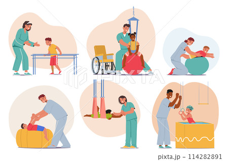 Caring Medical Professional Characters Guide Children Through Physical Therapy, Using Fun Engaging Activities 114282891