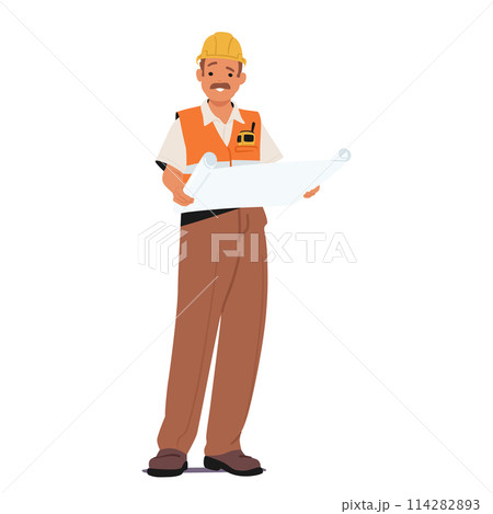 Construction Worker Male Character In An Orange Safety Vest And Yellow Hard Hat, Holding Blueprints And Reviewing Plans 114282893