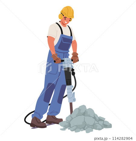 Construction Worker Wearing A Yellow Hard Hat, And Blue Overalls Operating A Jackhammer Tool, Vector Illustration 114282904