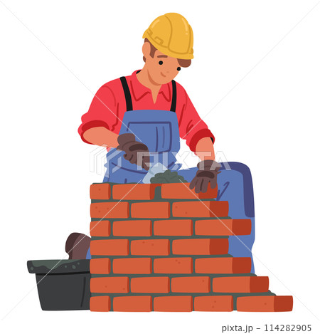 Mason Or Bricklayer Wearing Hard Hat, Laying Bricks And Constructing A Brick Wall Or Structure On Construction Site 114282905