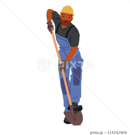 Smiling Black Worker In Blue Overalls And Hard Hat, Working with Shovel, Character Engages in Manual Labor 114282909