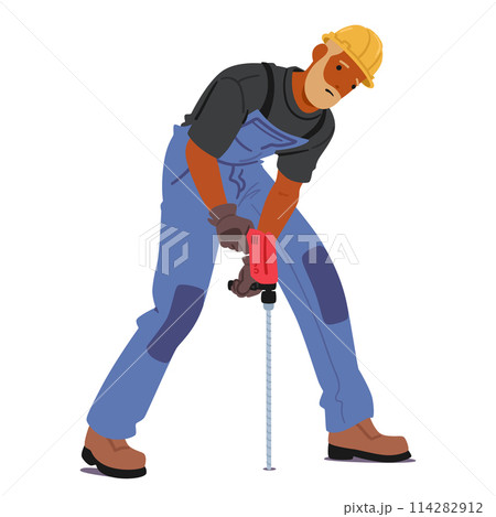 Construction Worker Character in Safety Gear and Overalls, Operating Power Drill, for Drilling Into A Surface 114282912