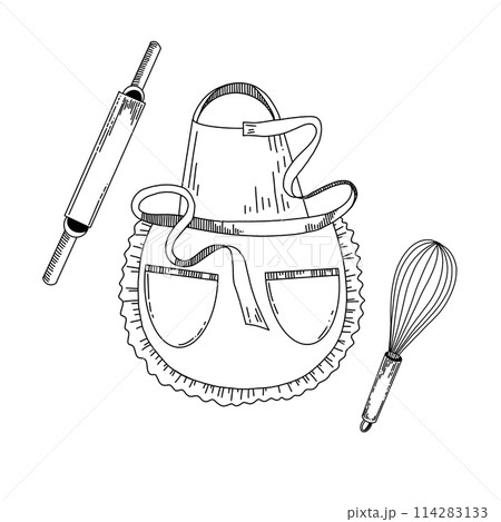 Vector illustration. An apron for cooking, a rolling pin for dough, a whisk for whipping cream and dough. All objects are drawn in vector by hand. For printing on fabric, paper, towels, dishes. Vector illustration. An apron for cooking, a rolling pin for dough, a whisk for whipping cream and dough. All objects are drawn in vector by hand. For printing on fabric, paper, towels, dishes. 114283133