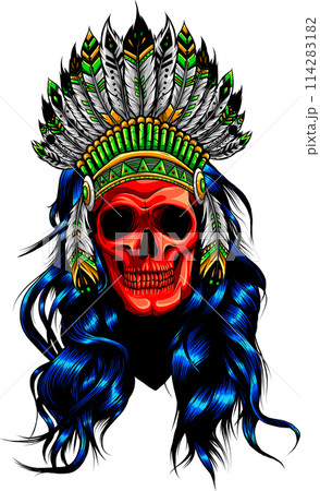 Hand Drawn Native American Indian Headdress With Human Skull. Vector Color Illustration on white background Hand Drawn Native American Indian Headdress With Human Skull. Vector Color Illustration on white background 114283182