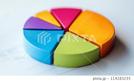 Bright 3d pie chart on top of a blurred financial report, symbolizing data analysis 114283235