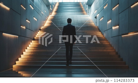 Silhouette of a man standing at the bottom of a modern, welllit stairway 114283373