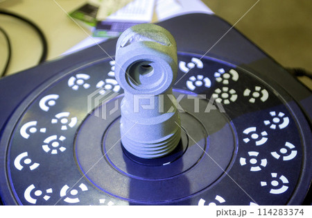 3D Scanning of object. Three-dimensional scanner with blue laser volumetric scanning surface of object for prototyping. High precision new innovation modern technology equipment. Science accuracy 114283374