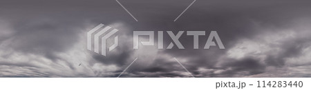 Dark moody rain clouds in dramatic overcast sky. Seamless 360 HDR spherical panorama. Full zenith or sky dome in 3D environment, sky replacement for aerial drone panoramas. Climate and weather change. 114283440