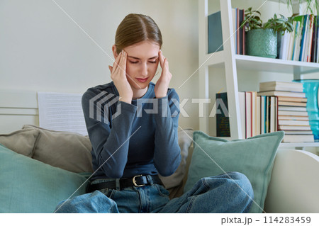 Upset sad young female sitting on couch at home Upset sad young female sitting on couch at home 114283459