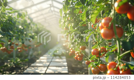 Greenhouse with tomatoes inside view Greenhouse with tomatoes inside view 114284053