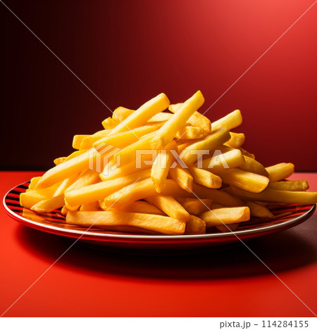 A plate of crispy golden french fries isolated on a red background. A plate of crispy golden french fries isolated on a red background. 114284155