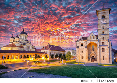Amazing cityscape with Coronation Orthodox and Roman Catholic cathedrals inside fortified Alba Carolina Fortres 114284286