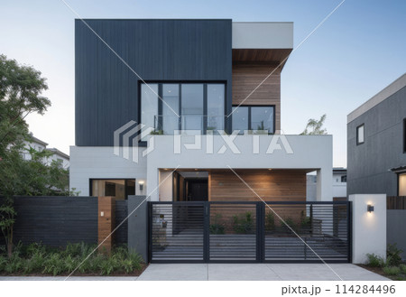 A gray private house of two floors hidden behind a fence with automatic sliding brown gates 114284496