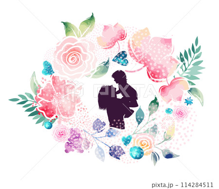 Mom and baby silhouette with flowers. Happy Mothers Day Greeting Card. Not AI. Vector illustration 114284511