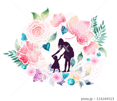 Mom and baby silhouette with flowers. Happy Mothers Day Greeting Card. Not AI. Vector illustration 114284523
