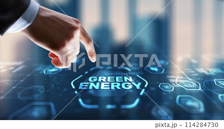 Businessman clicks Green eco energy icons. Reducing environmental risks 114284730