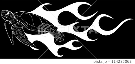 white silhouette of Fast turtles in flame set. Funny racing tortoise cartoon on black backgroundvector illustration 114285062