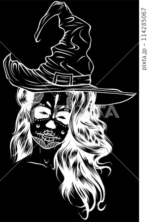 white silhouette of beautiful witch in a classic hat and hair on black background 114285067