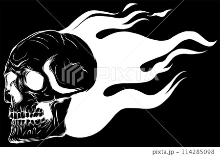 white silhouette of Skull on Fire with Flames on black background Vector Illustration 114285098