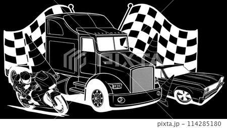 white silhouette of Cartoon vehicles transport on black background 114285180