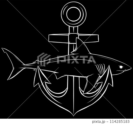 white silhouette of shark around anchor on black background white silhouette of shark around anchor on black background 114285183