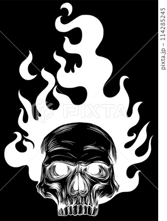 white silhouette of Skull on Fire with Flames on black background Vector Illustration white silhouette of Skull on Fire with Flames on black background Vector Illustration 114285245
