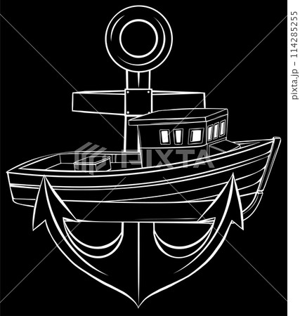 white silhouette of fish-boat with anchor on black background white silhouette of fish-boat with anchor on black background 114285255