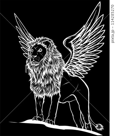 white silhouette of Winged Lion on black background vector design white silhouette of Winged Lion on black background vector design 114285270