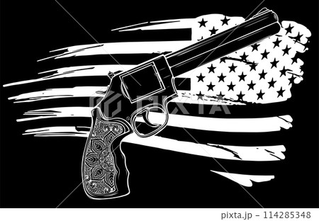 white silhouette of Big Revolver with USA flag. Vector Illustration isolated on black background 114285348