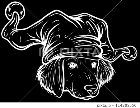 white silhouette of Labrador Retriever Puppy with joker hat on black background white silhouette of Labrador Retriever Puppy with joker hat on black background 114285350