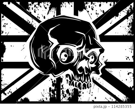 white silhouette of England flag with skull on black background 114285355