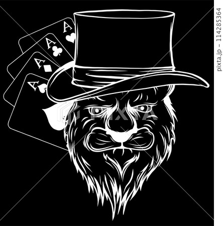 white silhouette of Portrait of lion in bowler hat and poker aces on black background 114285364