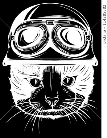 white silhouette of Cat with steampunk helmet. Vector illustration. 114285382