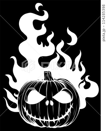 white silhouette of halloween pumpkin with flames on black background. vector illustration design 114285398