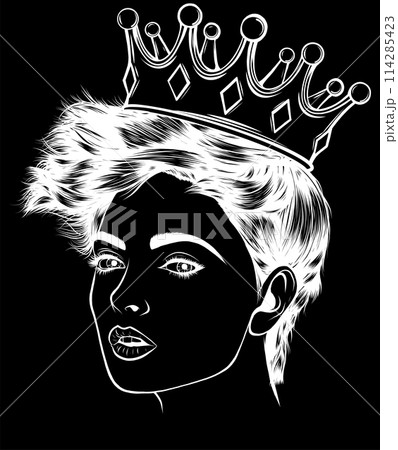 white silhouette of sugar Skull girl with a crown on black background. vector illustration design white silhouette of sugar Skull girl with a crown on black background. vector illustration design 114285423