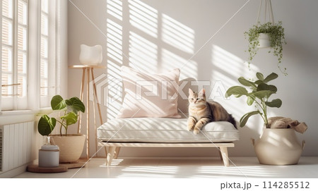 Cute kitten sitting in the living room at home, sunny cozy room, photo 114285512