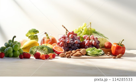 Vegetables fruits and nuts on a white table and on a white background with sunlight . Photo 114285533
