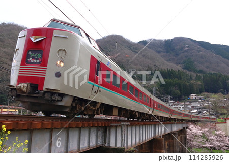 桜と伯備線特急やくも号：381系電車（岡山⇔出雲市） 114285926