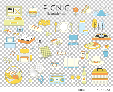 Picnic illustration set line line drawing outing outdoor recreation lunch hiking Picnic illustration set line line drawing outing outdoor recreation lunch hiking 114287028