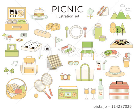 ピクニック　イラスト　セット　ライン　線画　行楽　アウトドア　レクリエーション　お弁当　ハイキング 114287029